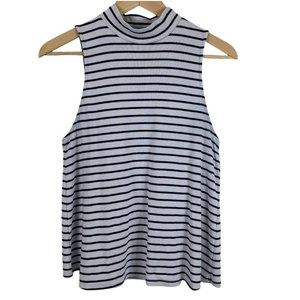 Stateside Small Mock Neck Top Striped Sleeveless Knit Shirt Navy Blue White